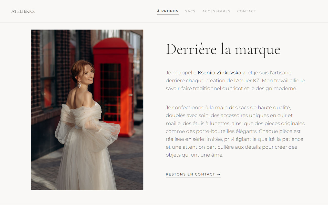 Capture du site Atelier KZ, sacs et accessoires de créateur